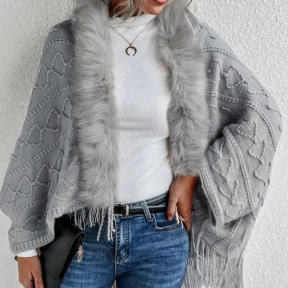 Faux fur Trim Textured Knit  Open front Sweater Cardigan Gray - Picture 2 of 9